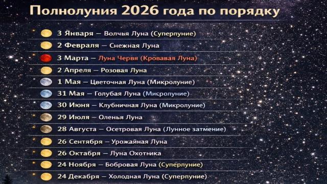 Календарь полнолуний на 2026 год: суперлуния, Голубая Луна и кровавое затмение