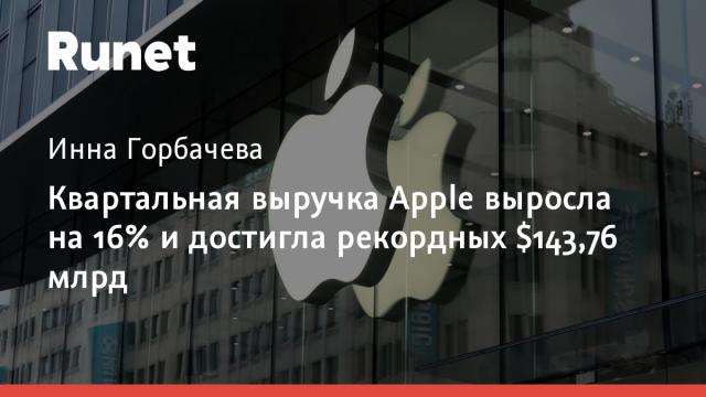 Квартальная выручка Apple выросла на 16% и достигла рекордных $143,76 млрд