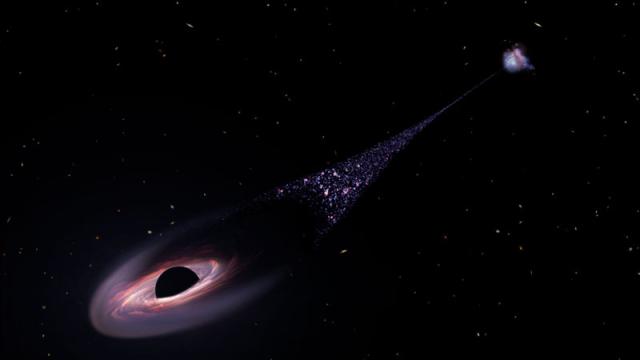 «Хаббл» увидел, как от пары чёрных дыр убегает третья, по пути рассыпая молодые звёзды