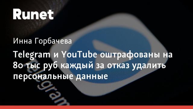 Telegram и YouTube оштрафованы на 80 тыс руб каждый за отказ удалить персональные данные